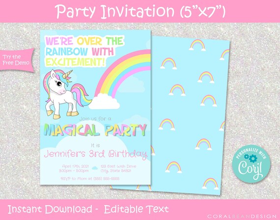 Unicorn Editable Printable Birthday Party Invitation Rainbow | Etsy