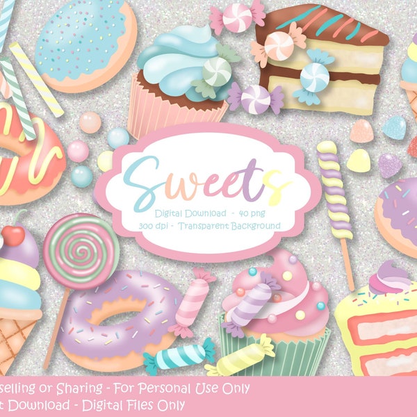 Sweets Clipart, Candyland Clipart, Candy, Cake, Cupcake, Ice Cream, Donuts, Cookie, png, Pastel Clip Art, Digital Stickers, Instant Download