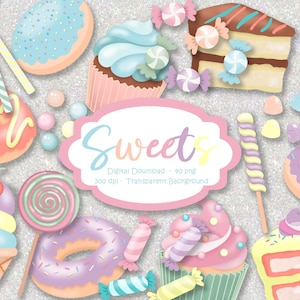 Süßigkeiten Clipart, Candyland Clipart, Süßigkeiten, Kuchen, Cupcake, Eis, Donuts, Keks, png, Pastell Clip Art, digitale Aufkleber, Instant Download