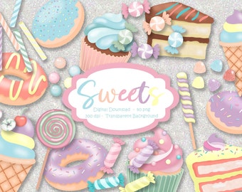 Sweets Clipart, Candyland Clipart, Candy, Cake, Cupcake, Ice Cream, Donuts, Cookie, png, Pastel Clip Art, Digital Stickers, Instant Download
