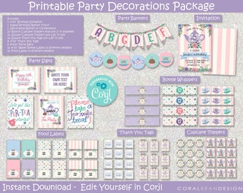 Tea Party Editable Printable Birthday Party Decoration Package, INSTANT DOWNLOAD