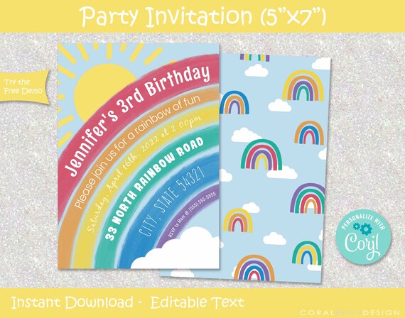 Rainbow Editable Printable Birthday Party Invitation INSTANT - Etsy