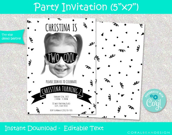 Editable Two Cool Birthday Invitation Second Birthday Party - Etsy