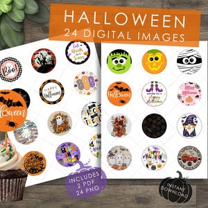 以下が含まれることがあります： ハロウィーンをテーマにした24枚のデジタル画像。円形の画像には、カボチャ、幽霊、コウモリなど、ハロウィーンをテーマにしたデザインが描かれています。「Happy Halloween」の文字も含まれています。「Halloween」の文字が上部にあります。
