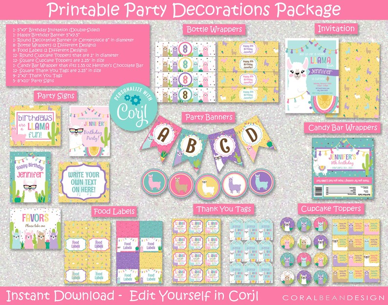 Llama Editable Printable Birthday Party Decorations Package Etsy