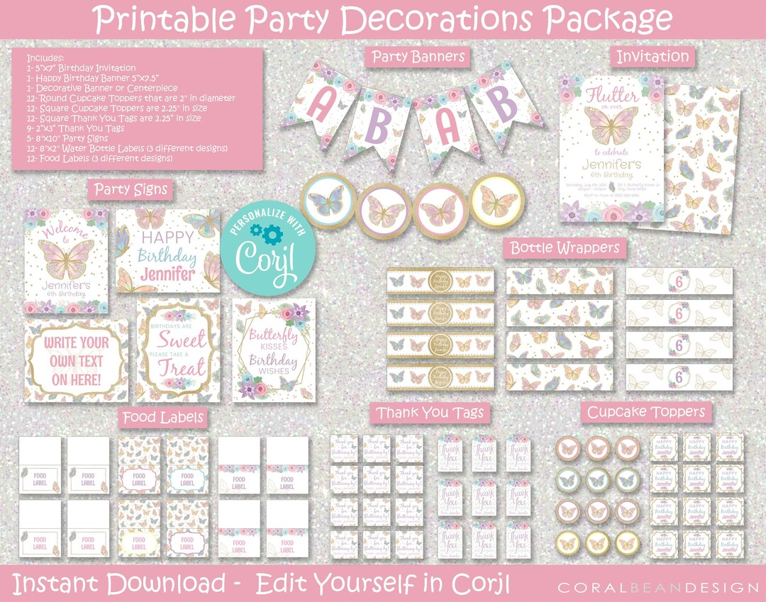 Butterfly Editable Printable Birthday Party Decorations Gold - Etsy