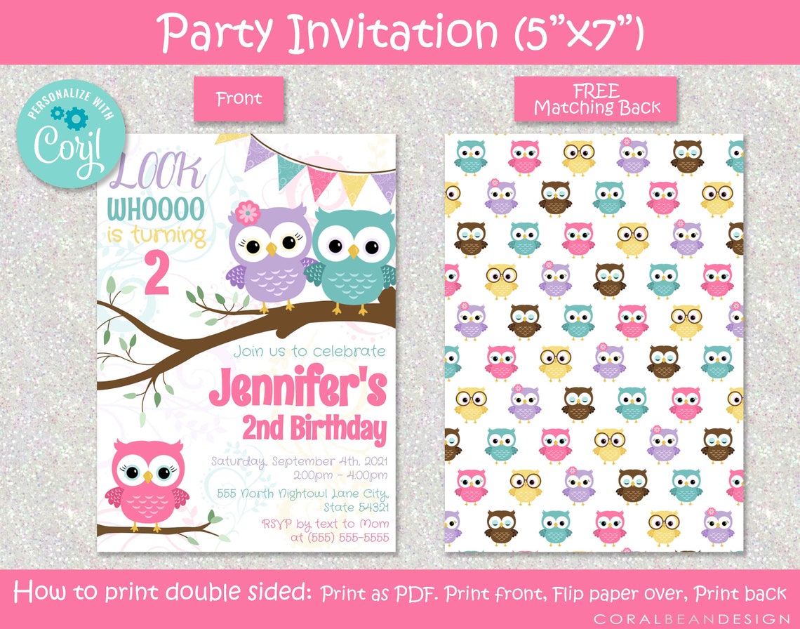 Owl Editable Printable Birthday Party Invitation INSTANT - Etsy