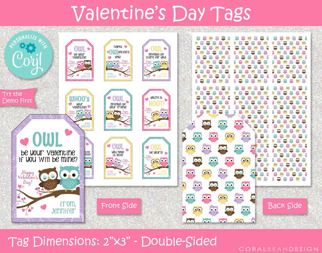 Editable Printable Owl Valentine's Day Tags Template Kids - Etsy