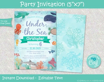 Under The Sea Editable Birthday Party Invitation Template, Printable, Ocean, Sea, Shark, INSTANT DOWNLOAD