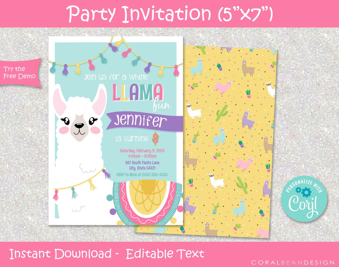 Editable Printable Llama Birthday Party Invitation Template, Alpaca ...
