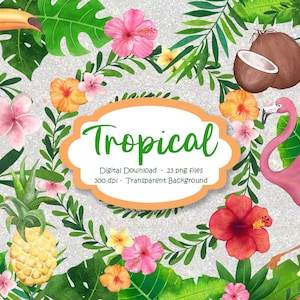 Imágenes Prediseñadas tropicales, Imágenes Prediseñadas de Luau, Playa, Flor, Flamenco, Tucán, Coco, prerecortado, png, Imágenes prediseñadas, Adhesivo digital, Descarga instantánea