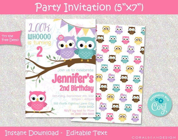 Owl Editable Printable Birthday Party Invitation INSTANT - Etsy