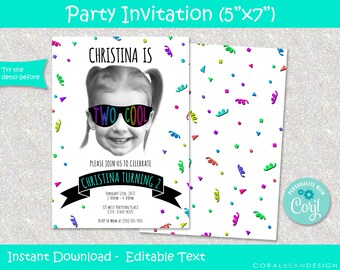 Editable Two Cool Birthday Invitation Template, Second Birthday Party, 2nd, Sunglasses, Printable Corjl, Digital, INSTANT DOWNLOAD