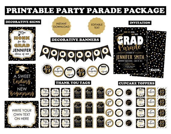 Black &amp; Gold Graduation Party Decorations Editable Printable | Etsy