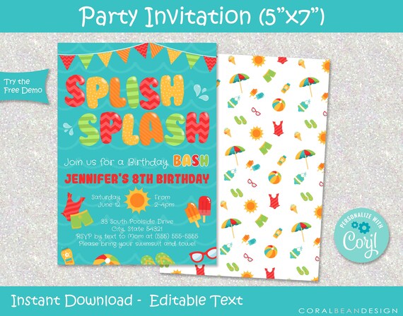 Birthday Pool Party Editable Printable Invitation Swimming | Etsy
