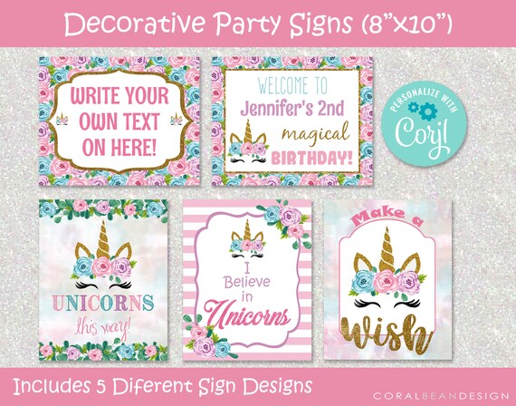 Unicorn Editable Printable Birthday Party Decorative Signs | Etsy