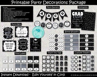 Black and Silver Editable Printable Graduation Party Decoration Package, Grad, Class of, INSTANT DOWNLOAD