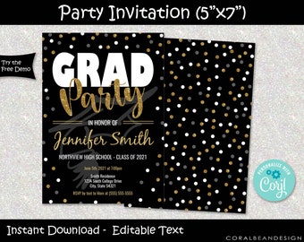 Editable Printable Graduation Party Invitation Template, Digital Download, Grad, Class of, Black, Gold, INSTANT DOWNLOAD