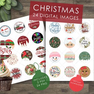 May include: A selection of 24 digital Christmas images, featuring round designs with festive text and graphics. The images include holiday themes such as Santa Claus, snowmen, and Christmas trees. The words "Christmas" and "Merry Christmas" are visible.