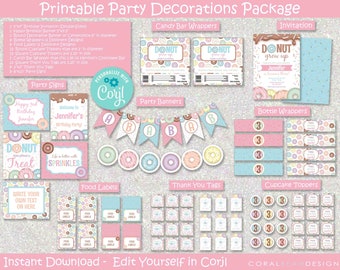 Donut Editable Printable Birthday Party Decoration Package, Do Not Grow Up, Doughnut, Donut Grow Up, INSTANT DOWNLOAD