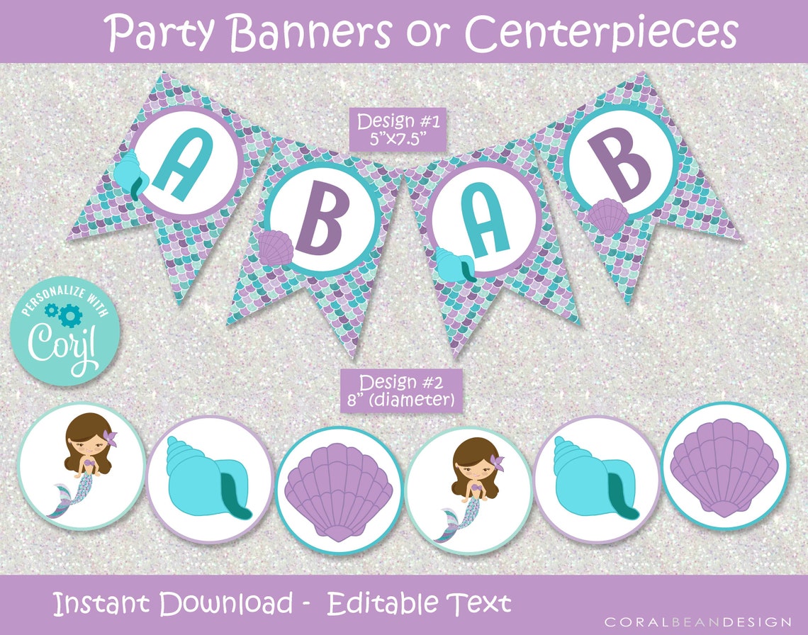 Mermaid Editable Printable Birthday Party Decoration Package, Under the ...