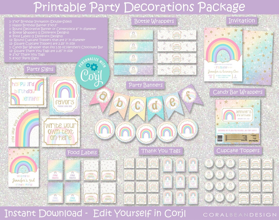 Rainbow Editable Printable Birthday Party Decorations Package - Etsy