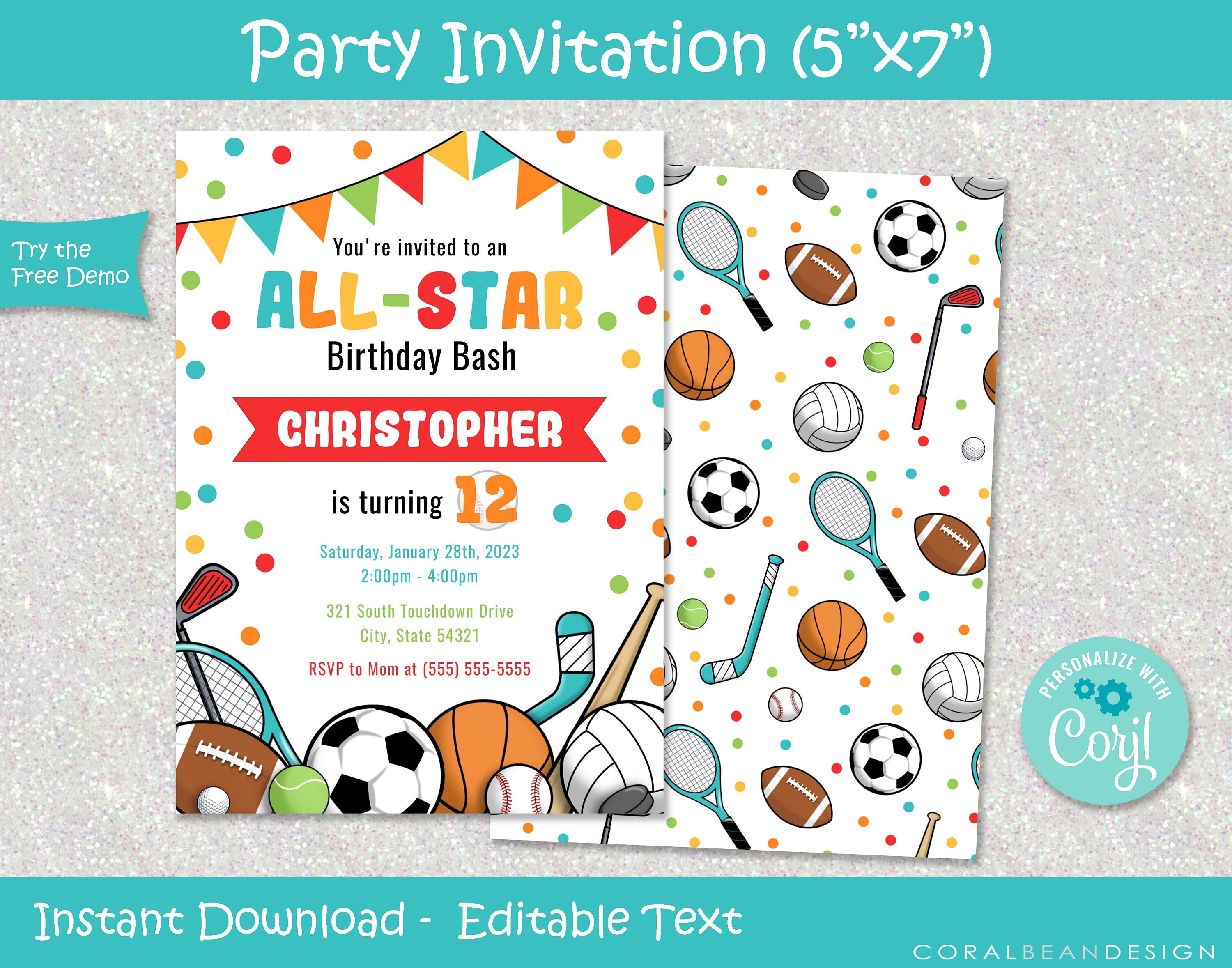 Editable Printable Sports Birthday Party Invitation Template, All Star ...