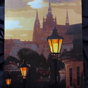 Finished Painting-by-Numbers | Golden Lamps of Prague | Wall Decor