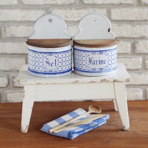 Antique French Enamel Boxes SEL FARINE Set with Wooden Lids | Hanging Storage Containers | Blue White Checks | Shabby Farmhouse | 1920-1940
