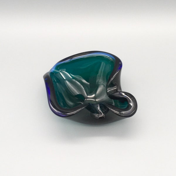 Mid-Century Murano Glass Ashtray, Bowl | Heart/ Spade Shape | Space Age, Vintage | Teal Colour | Blue Green | Made in Italy | 1950s/1960s