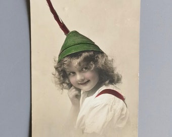 Antique Postcard Children | RPPC Postcard | Young Boy with Traditional Hat with Feather | Colorized | Run with Stamp | Art Nouveau 1911