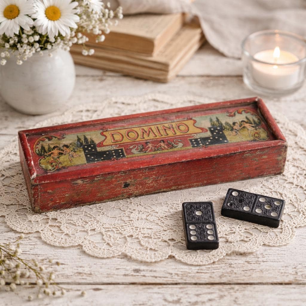 Antique Dominoes Game Vintage Set of 43 Dominoes, Tiles Black Wood Dominoes Red Wood Box Old Children Toy Germany Art Nouveau 1900