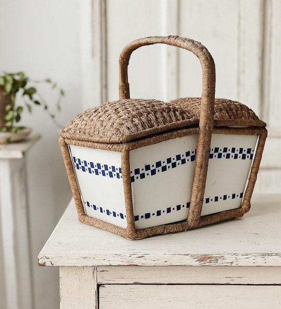 アンティーク籐バスケット（エナメルインサートと蓋2個付き）｜希少な