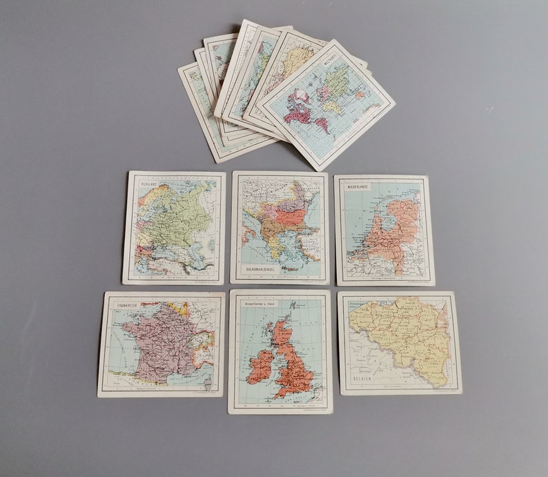Antique Mini Maps | Set World Card, Europe, America, Africa, Asia ...