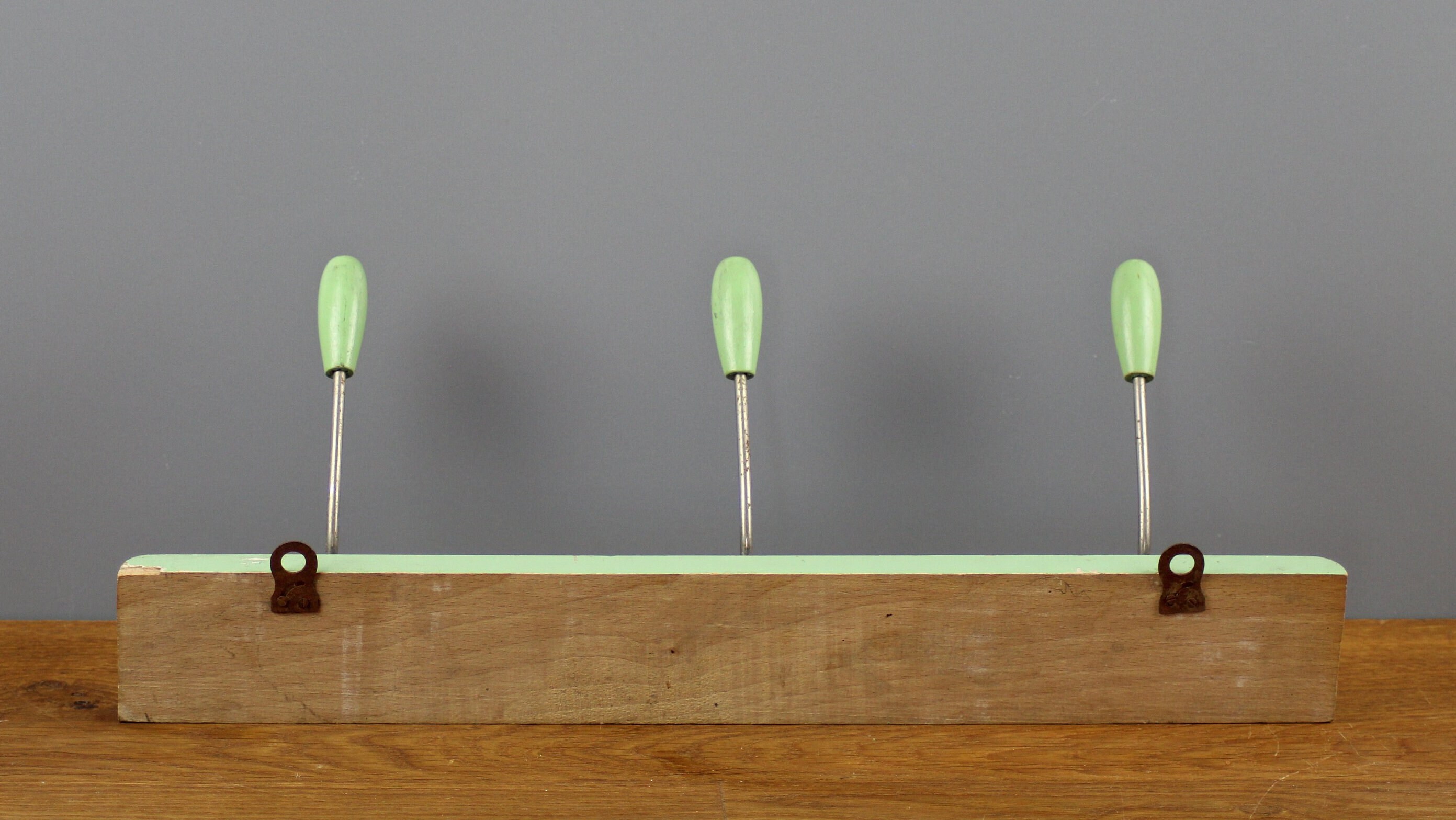 MCM Coat Racks Wood With Silver Metal Hooks Midcentury Clothes Hangers