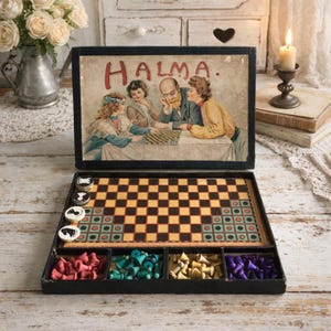 Juego de mesa antiguo Halma / Solitario antiguo de cartón / Damas y ajedrez chinos antiguos / Juego de mesa infantil antiguo / 1890/1900