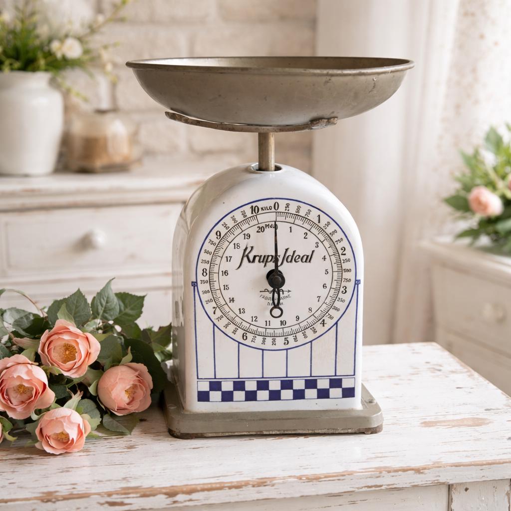 アンティークkitchen scale Antique Krups Ideal Kitchen Scales | Ceramic and Brass | White and