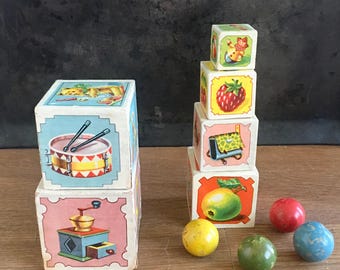 Vintage Stackable Blocks | Wooden Nesting Building Picture Boxes