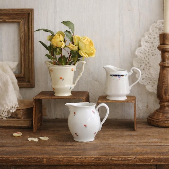Vintage Milchkännchen Porzellan & Keramik | 3 kleine Porzellan-Krüge | Weiß/Creme mit Blumen | Mid-Century Geschirr | 1950/60er Jahre