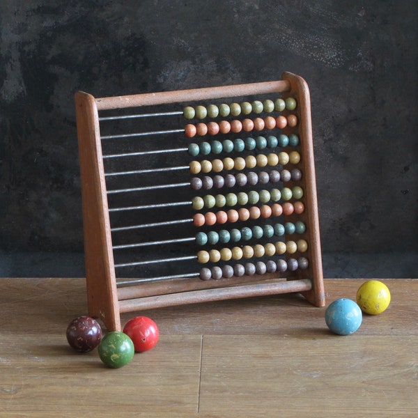 Vintage Wooden Abacus | Old Children School Calculation | Primitive Mechanical Calculator | Antique Kids Mathematics Learning Toy | 1950s