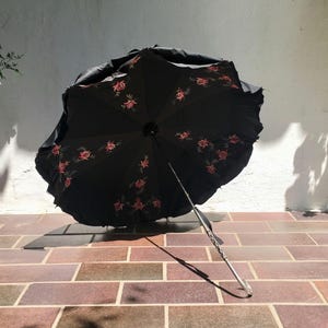 Antique Silk Umbrella | Vintage Black Parasol with Flower Motif on Inner Canopy | Elegant, Large Umbrella for Women | France 1900 to 1920