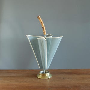Vintage Umbrella Stand | 1950s Umbrella Holder | Mid-Century Modern | Light Blue + Gold | Perforated Metal Sheet, Bamboo & Brass | 1950/1960