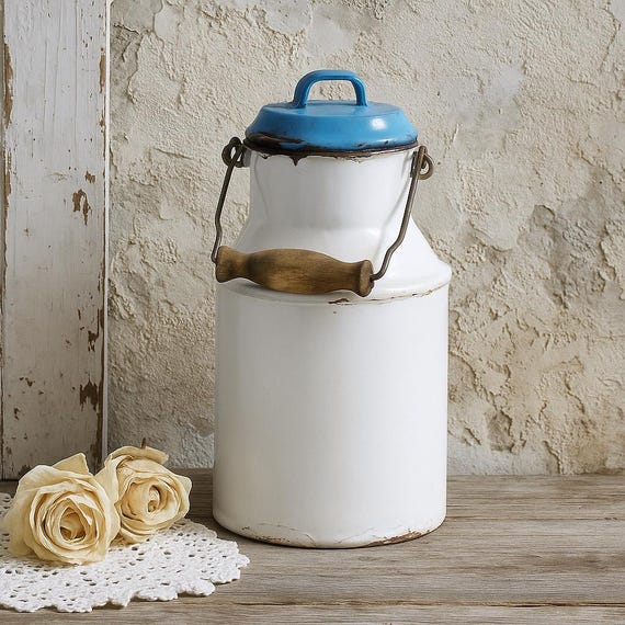 enamel milk jar white×blue Antique Enamel Milk Can | Small Milk Jug, Vintage Container With