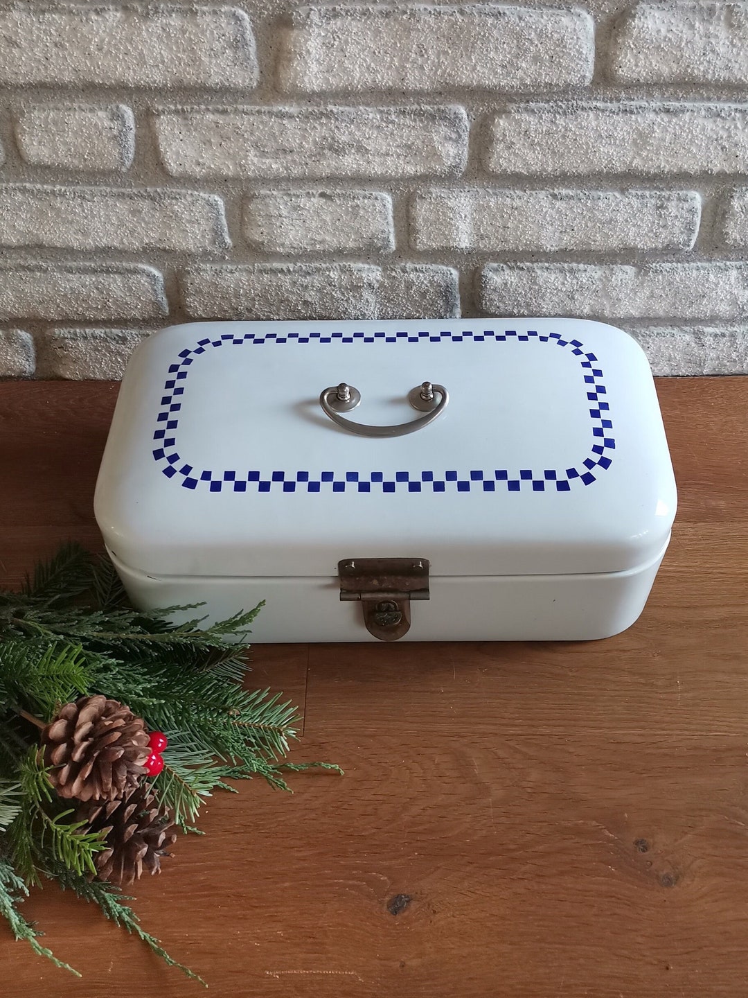 Antique Enamel Bread Bin Breadbox Storage Whiteblue Etsy
