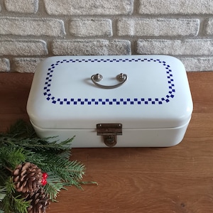 Antique Enamel Bread Bin, Breadbox, Storage | White+Blue Container with Lid | Vintage Blue Checker Pattern | Rustic Farmhouse | 1930/1940s
