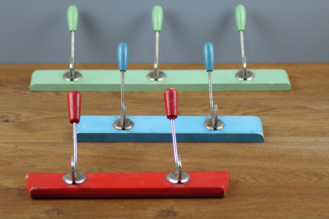 MCM Coat Racks Wood With Silver Metal Hooks Midcentury Clothes Hangers