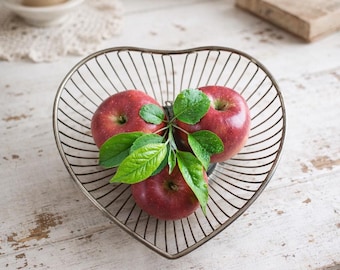 Vintage Fruit Bowl, Silver Metal Wire | Unique Heart Shape Pedestal Bowl | Bread Basket, Table Centerpiece | Farmhouse Shabby Style | 1950s
