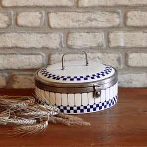 Antique Bread Bin, Breadbox | White Blue Checker Ceramic Container | Vintage Large Round Bread Box | Rustic Farmhouse | Austria 1900/ 1910