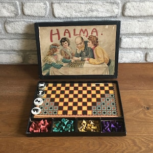 Antikes Brettspiel Halma | Altes Solitaire Tischspiel aus Pappe | Vintage chinesische Dame & Schach | Uraltes Set Kinderspiele | Um 1890/1900