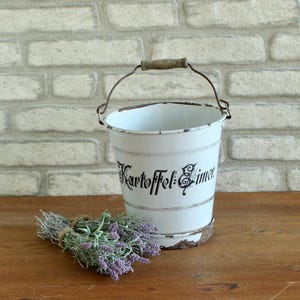 Antique Enamel Bucket for Potatoes | White with Black Lettering | Wood Handle | Water Pot, Garden Pail, Rustic Enamelware | Art Nouveau 1900